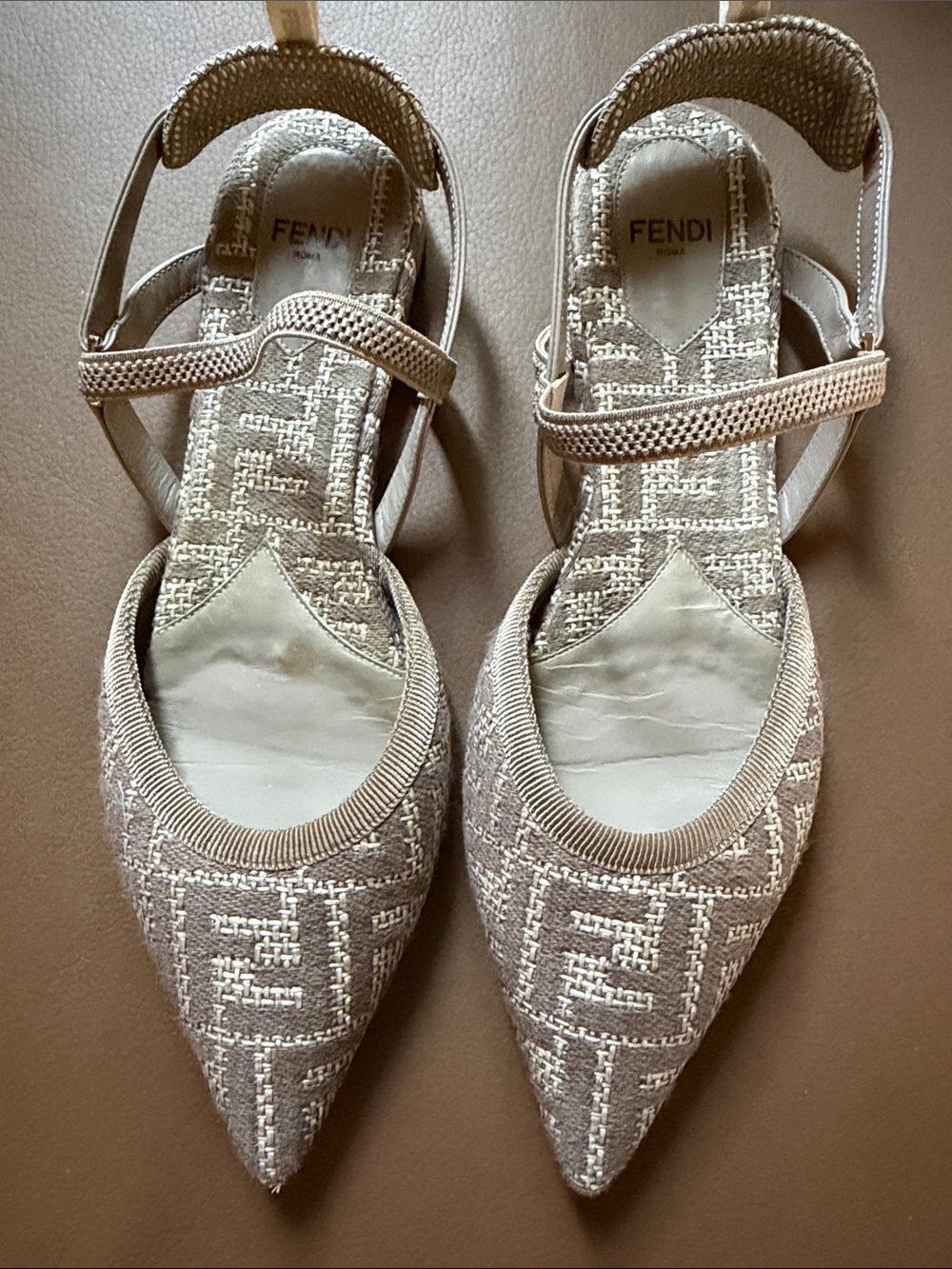 Fendi Taupe Jacquard Pointed-Toe Slingback Flats